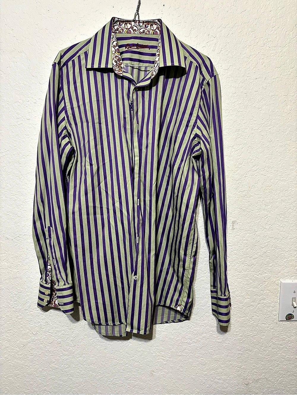 Robert Graham Striped Cotton Shirt in Purple & Green Size Medium/Large